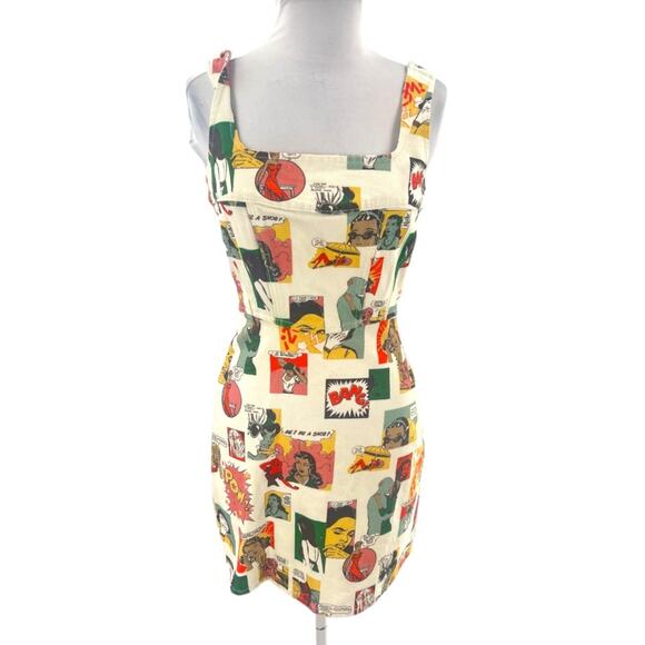 Reformation Davies Bustier Denim Mini Dress comic print sz 2 - Picture 3 of 9